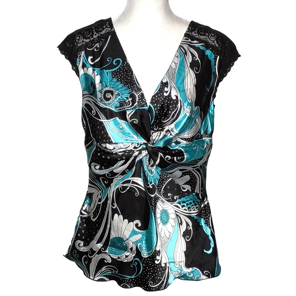 Y2K Miss Bisou Blouse Womens Large Black Teal Floral Satin Lace Cap Sleeve VNeck